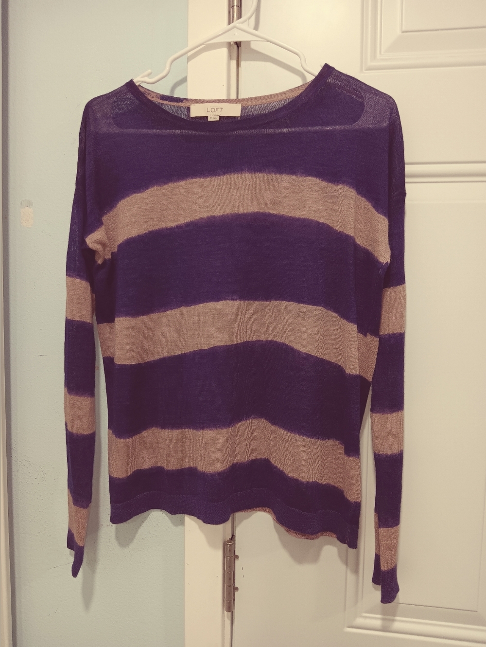 LOFT Navy and Tan Striped Boatneck Sweater